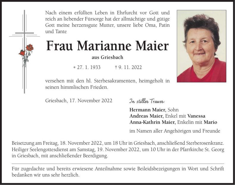 Traueranzeige Marianne Maier