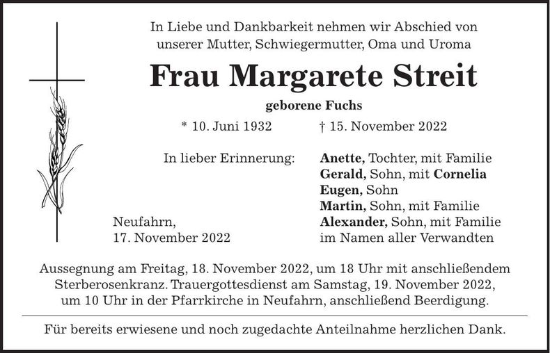 Traueranzeige Margarete Streit