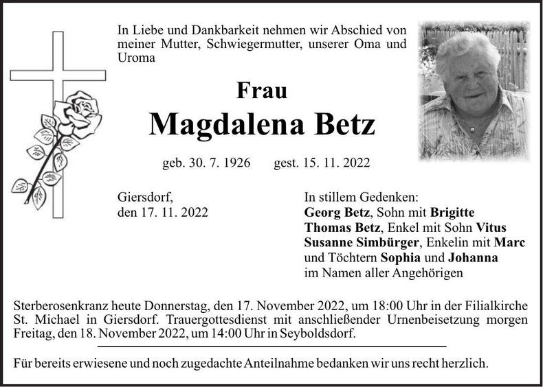 Traueranzeige Magdalena Betz
