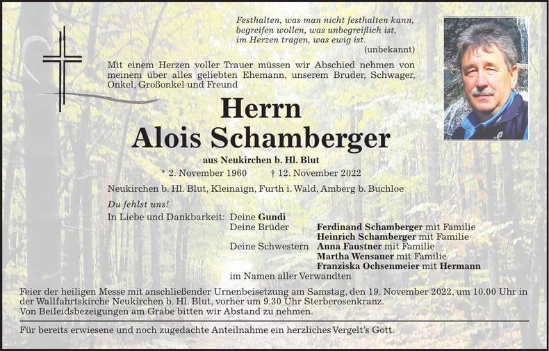 Traueranzeige Alois Schamberger