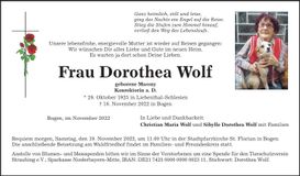Traueranzeige Dorothea Wolf