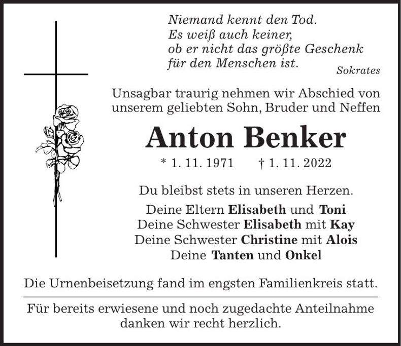 Traueranzeige Anton Benker