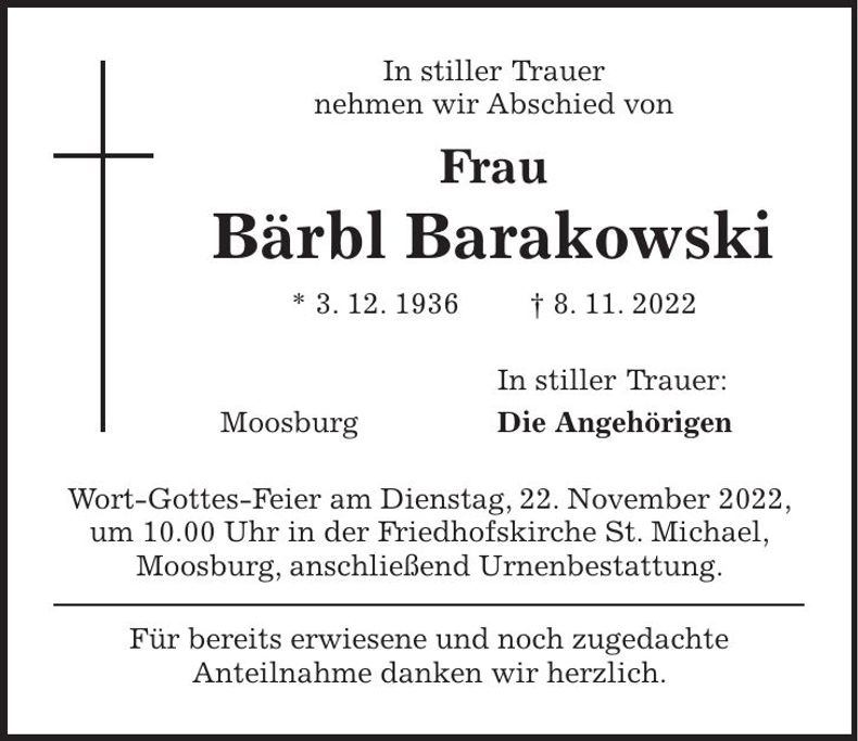 Traueranzeige Bärbl Barakowski