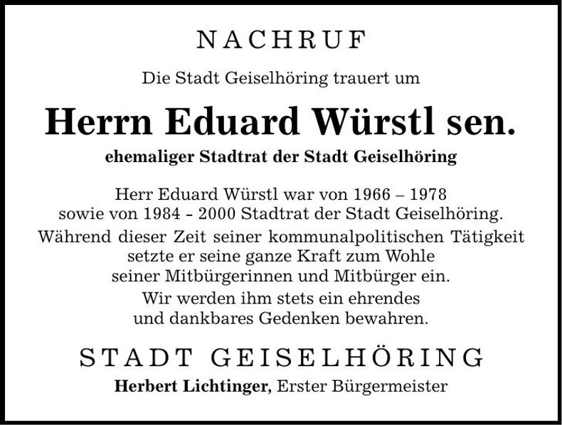 Traueranzeige Eduard Würstl sen.