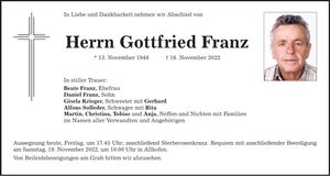 Traueranzeige Gottfried Franz