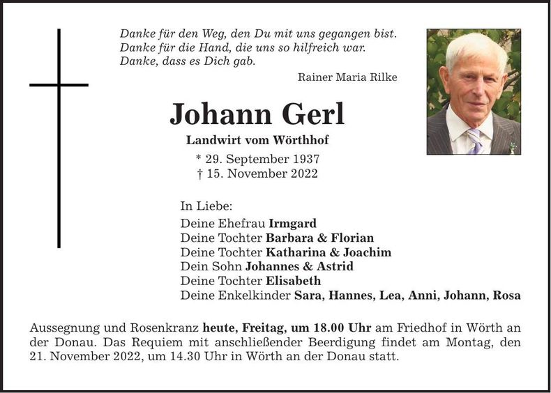 Traueranzeige Johann Gerl
