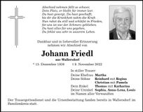 Traueranzeige Johann Friedl