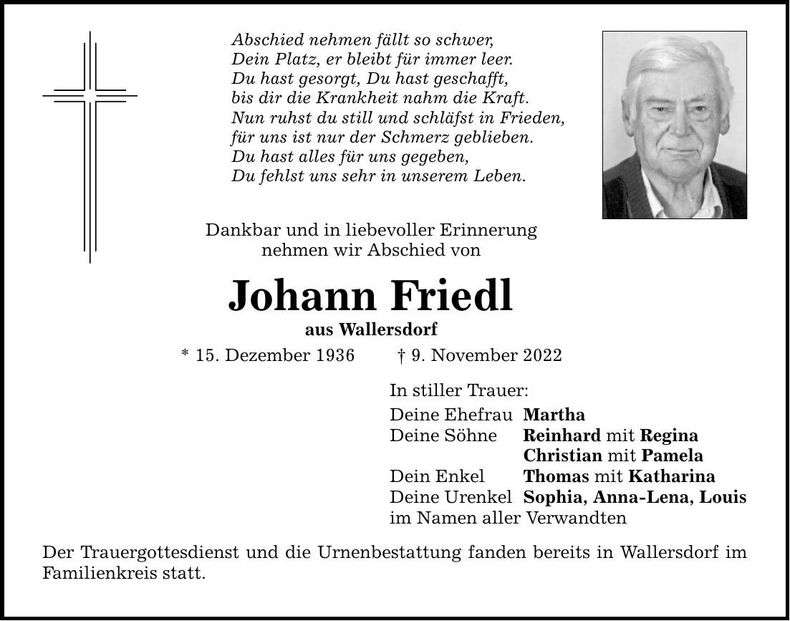 Traueranzeige Johann Friedl