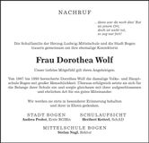 Traueranzeige Dorothea Wolf