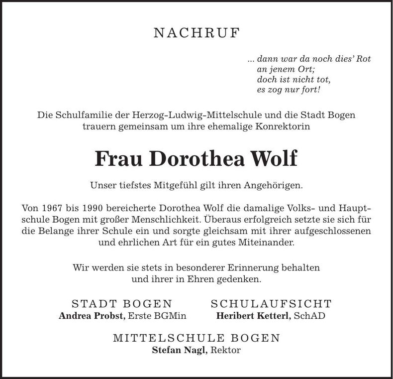 Traueranzeige Dorothea Wolf