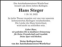 Traueranzeige Hans Steger