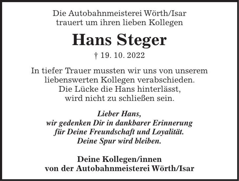 Traueranzeige Hans Steger