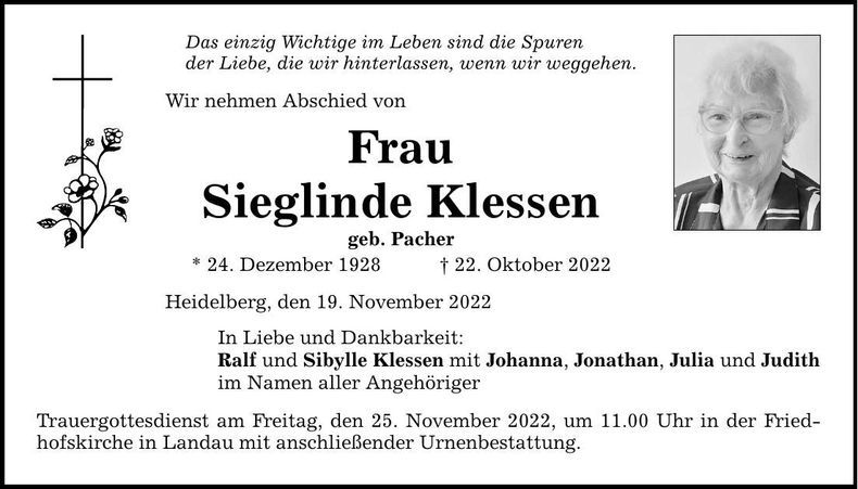 Traueranzeige Sieglinde Klessen