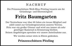 Traueranzeige Fritz Baumgarten