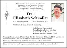 Traueranzeige Elisabeth Schindler