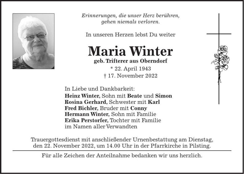 Traueranzeige Maria Winter