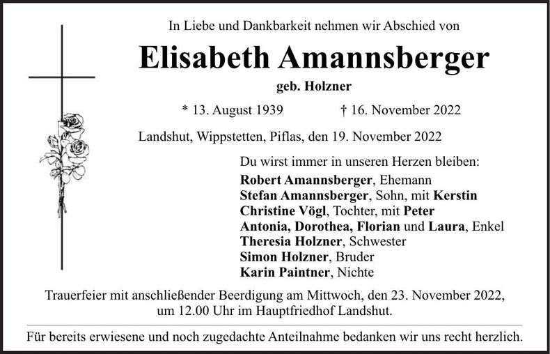 Traueranzeige Elisabeth Amannsberger