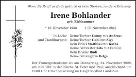 Traueranzeige Irene Bohlander