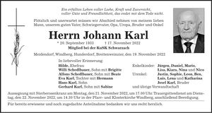 Traueranzeige Johann Karl