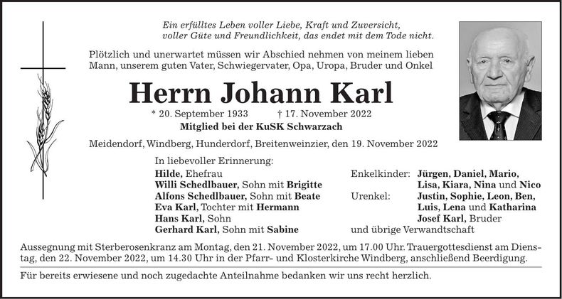 Traueranzeige Johann Karl