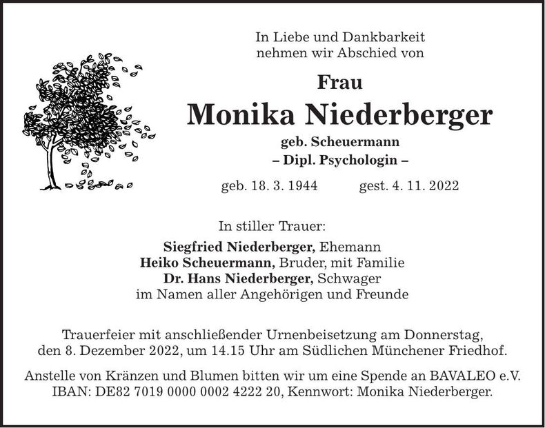Traueranzeige Monika Niederberger