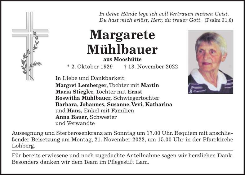 Traueranzeige Margarete Mühlbauer
