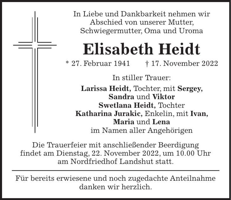 Traueranzeige Elisabeth Heidt