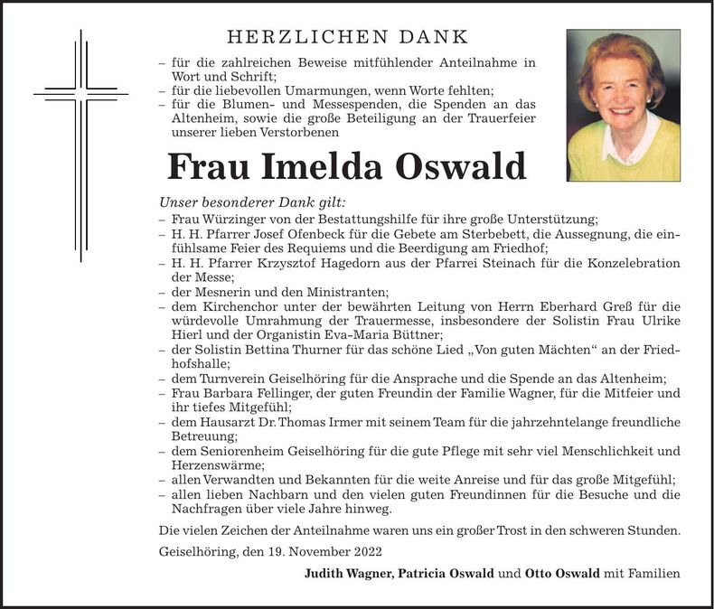 Traueranzeige Imelda Oswald
