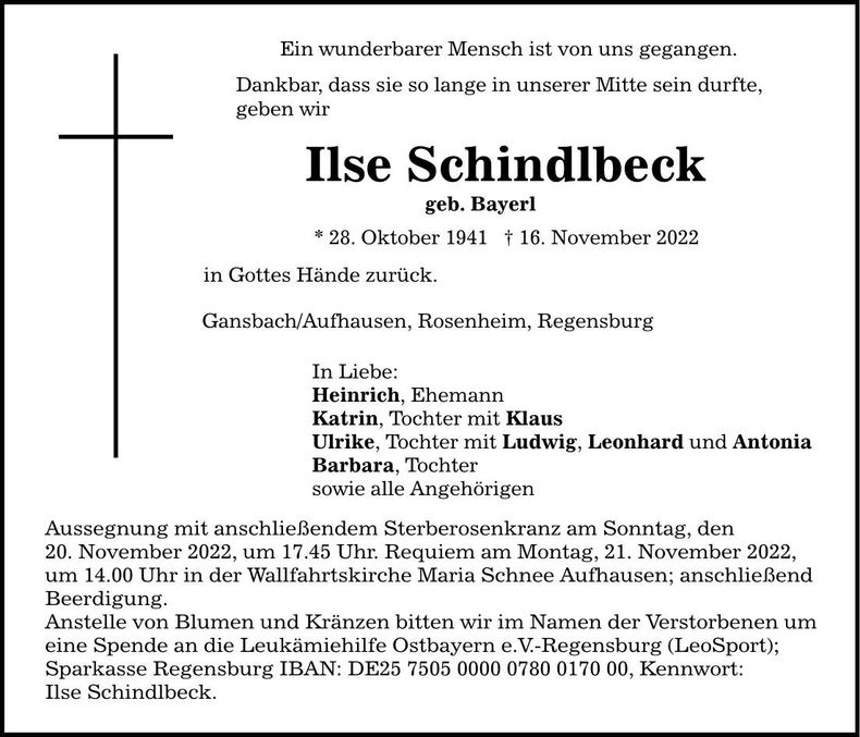 Traueranzeige Ilsa Schindlbeck