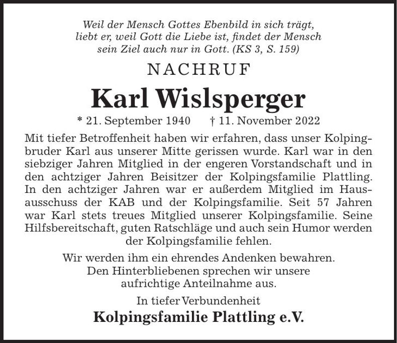 Traueranzeige Karl Wislsberger
