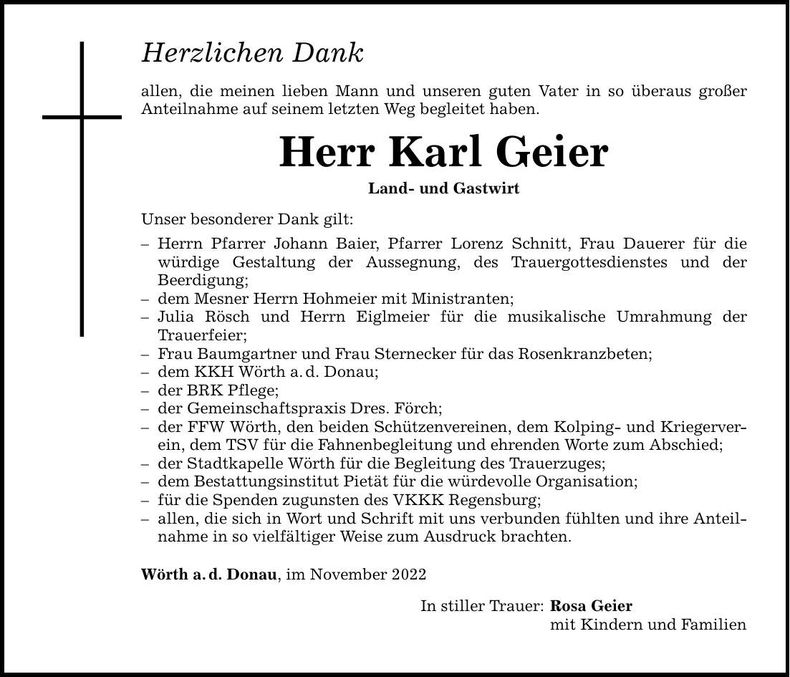 Traueranzeige Karl Geier
