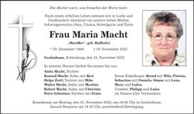 Traueranzeige Maria Macht