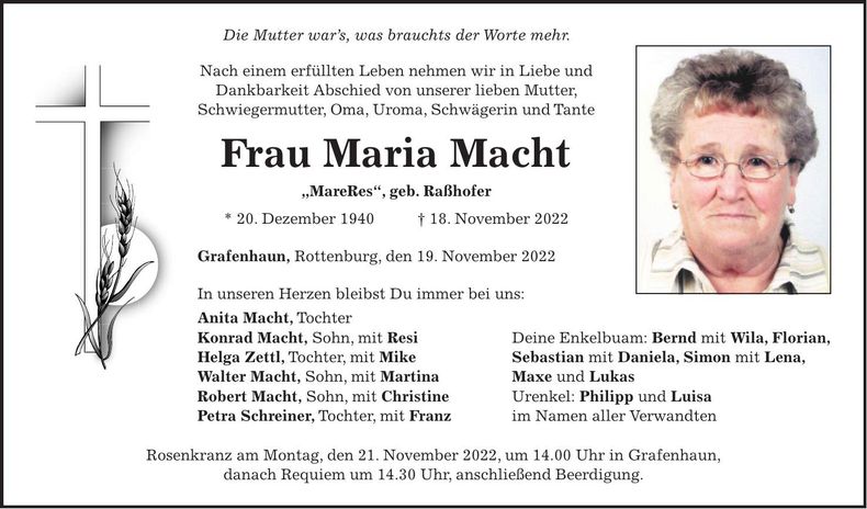 Traueranzeige Maria Macht