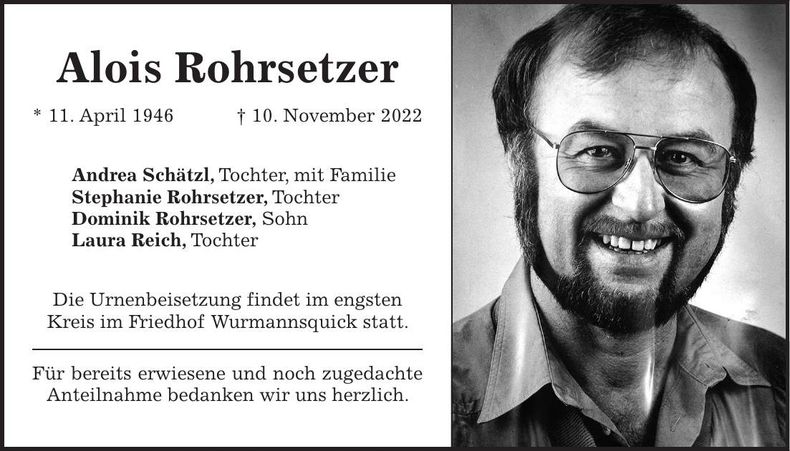 Traueranzeige Alois Rohrsetzer
