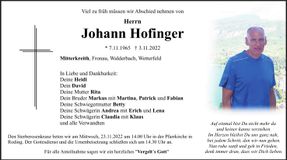 Traueranzeige Johann Hofinger