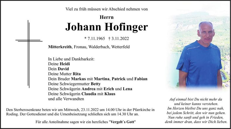 Traueranzeige Johann Hofinger