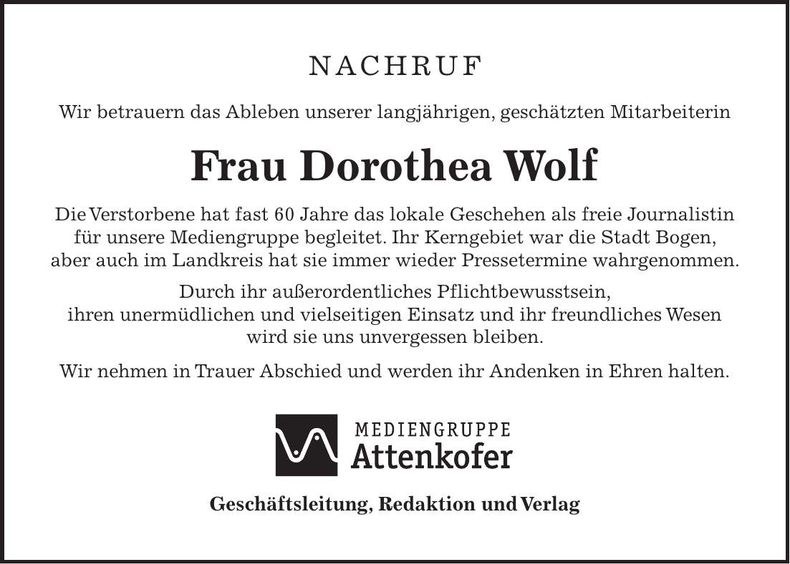 Traueranzeige Dorothea Wolf