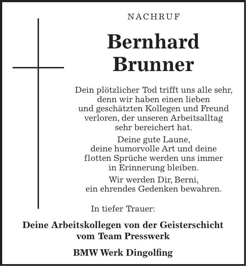 Traueranzeige Bernhard Brunner