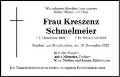 Traueranzeige Kreszenz Schmelmeier
