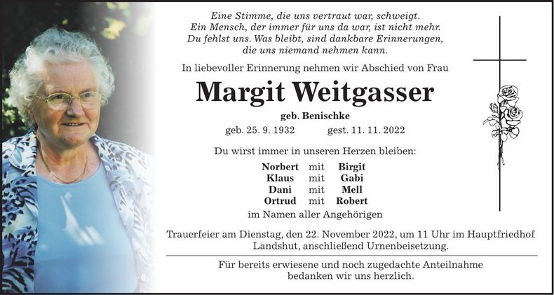 Traueranzeige Margit Weitgasser