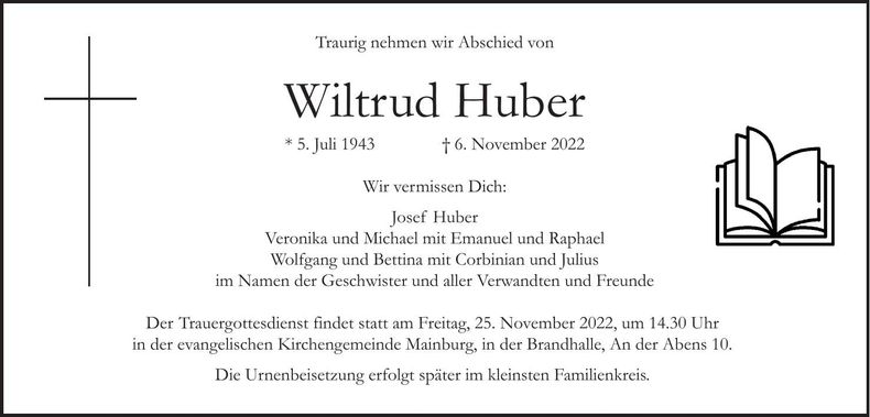Traueranzeige Wiltrud Huber