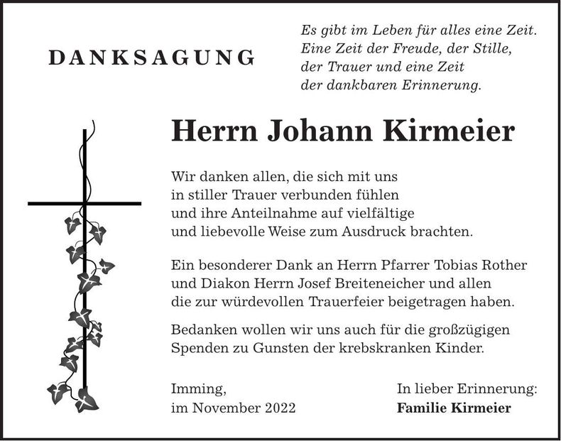 Traueranzeige Johann Kirmeier