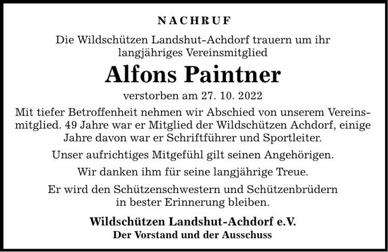 Traueranzeige Alfons Paintner