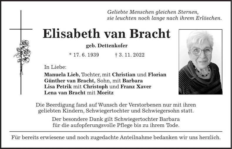 Traueranzeige Elisabeth van Bracht