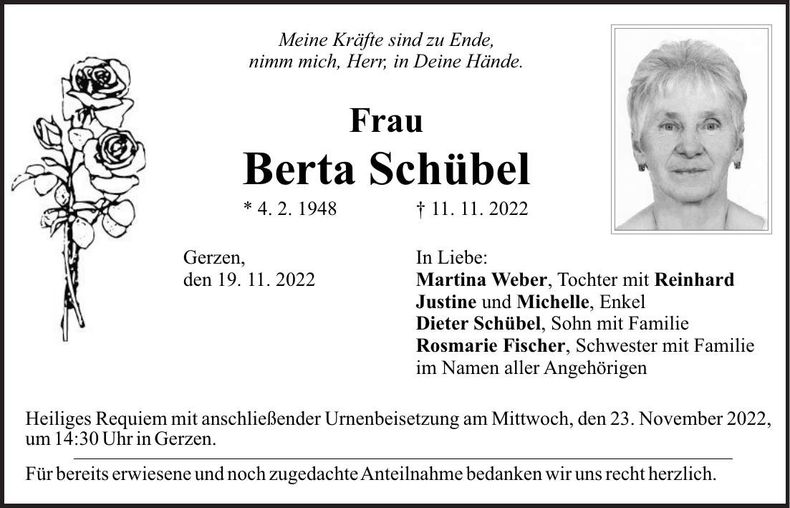 Traueranzeige Berta Schübel