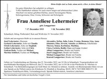 Traueranzeige Anneliese Lehermeier