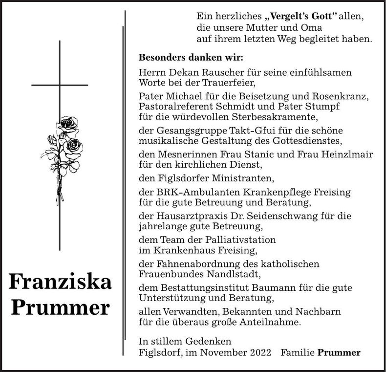 Traueranzeige Franziska Prummer