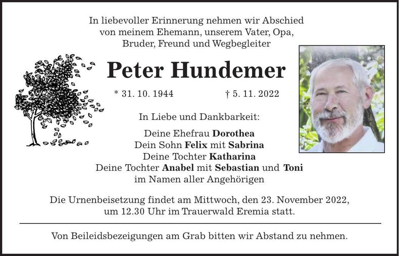 Traueranzeige Peter Hundemer