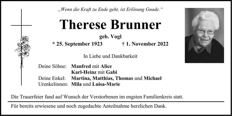 Traueranzeige Therese Brunner