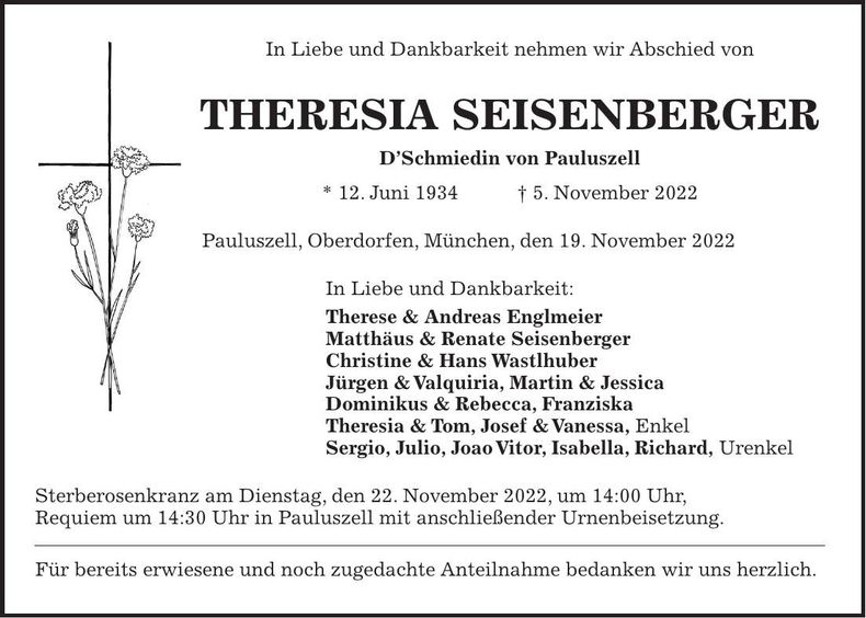 Traueranzeige Theresia Seisenberger